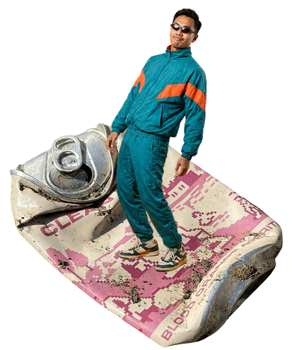A person in a teal tracksuit and sunglasses standing on a giant crushed pink CLEAN CALM soda can