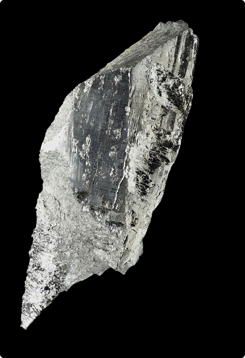 A silvery magnesium mineral crystal on black