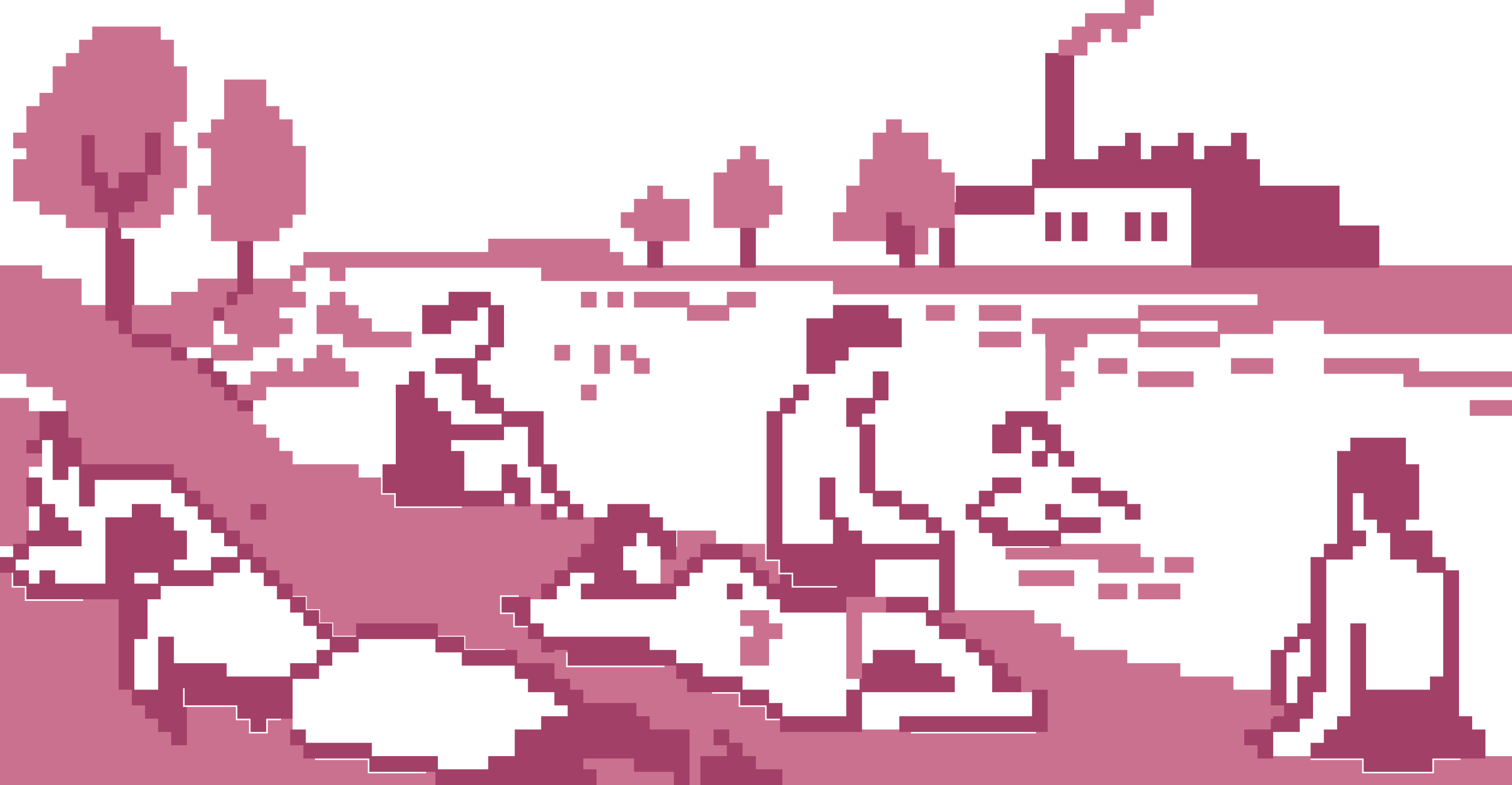 Pixel-art scene of people relaxing on a riverbank with swans, trees and a distant factory, rendered in the Clean Calm magenta palette