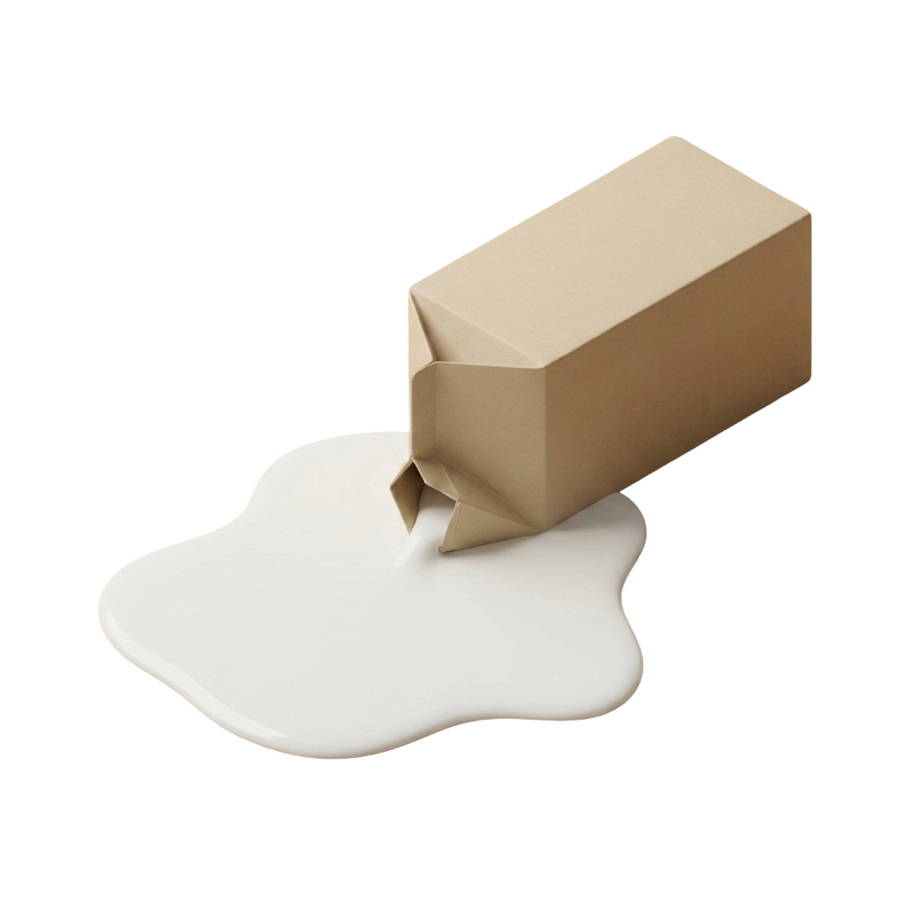 A tipped-over carton of spilt milk